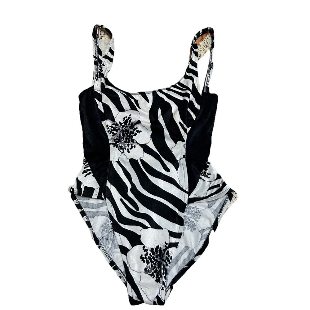 Vintage Zebra Floral One Piece Swimsuit Barefoot Miss Size 7/8 High Cut 90s Vibe